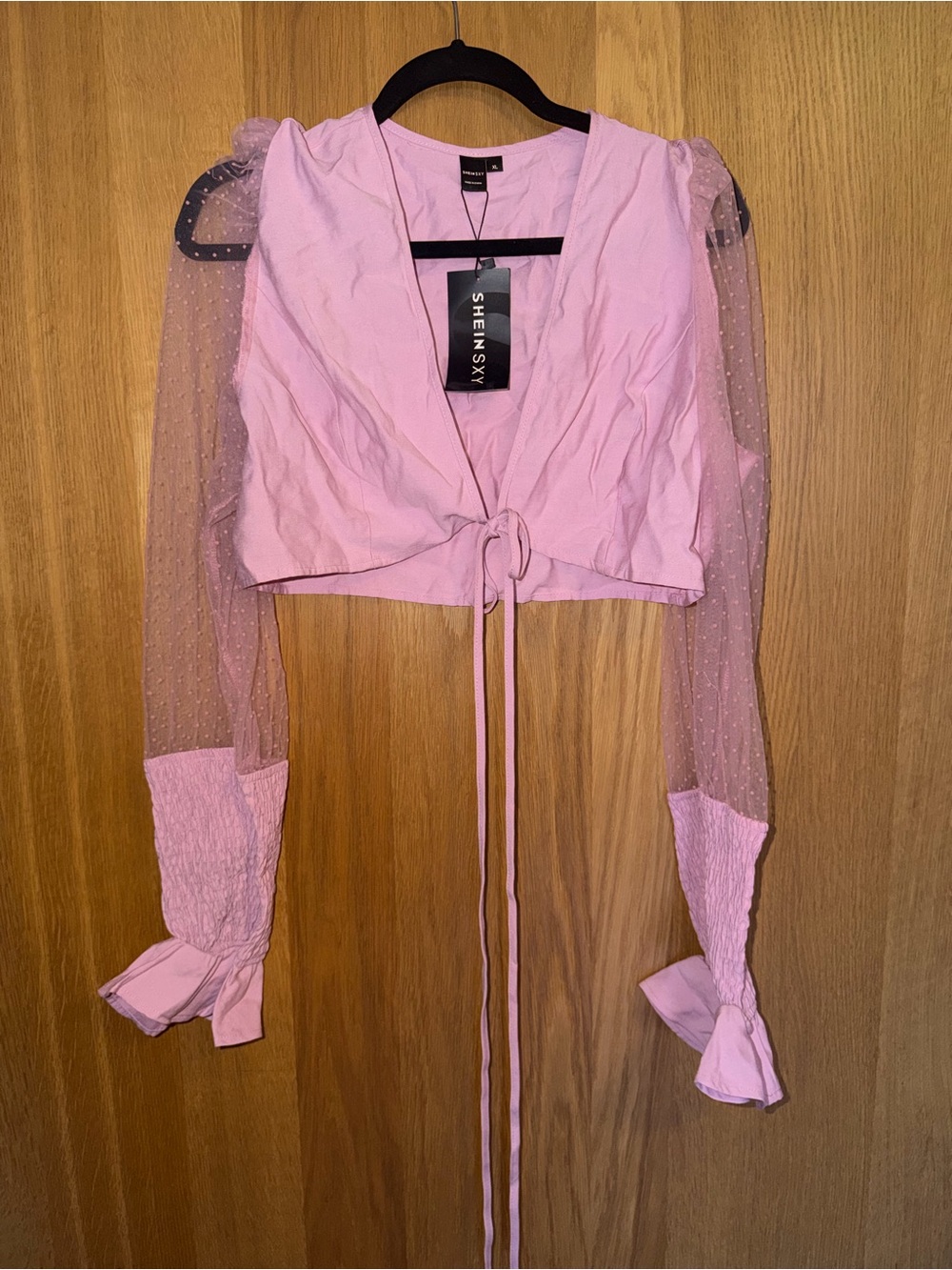 SHEIN Light Pink Tie-Front Crop Top with Sheer Dotted Puff Sleeves